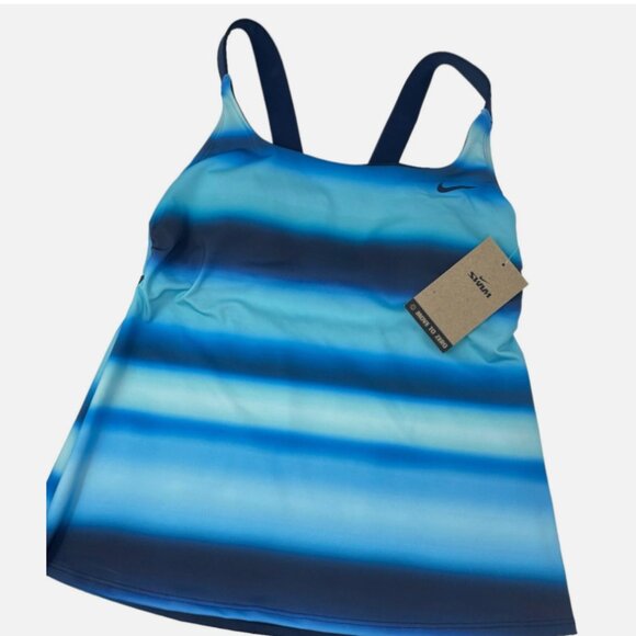 Brand New Women's Nike Blue Blur V-Back Move To Zero Tankini Swimsuit Top - Picture 2 of 9